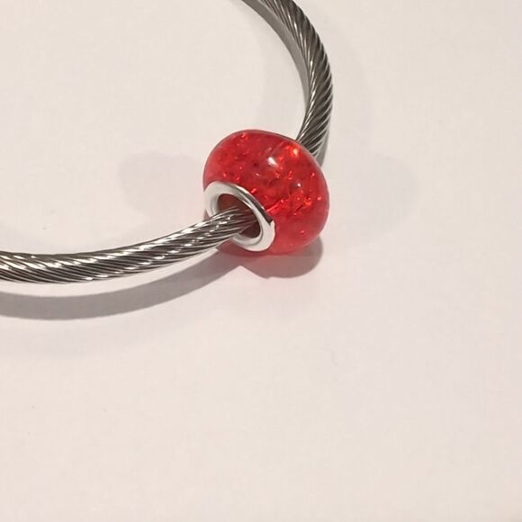 Silver Red "Crushed Glass" Charm for Pandora Style Bracelet - Picture 4 of 4